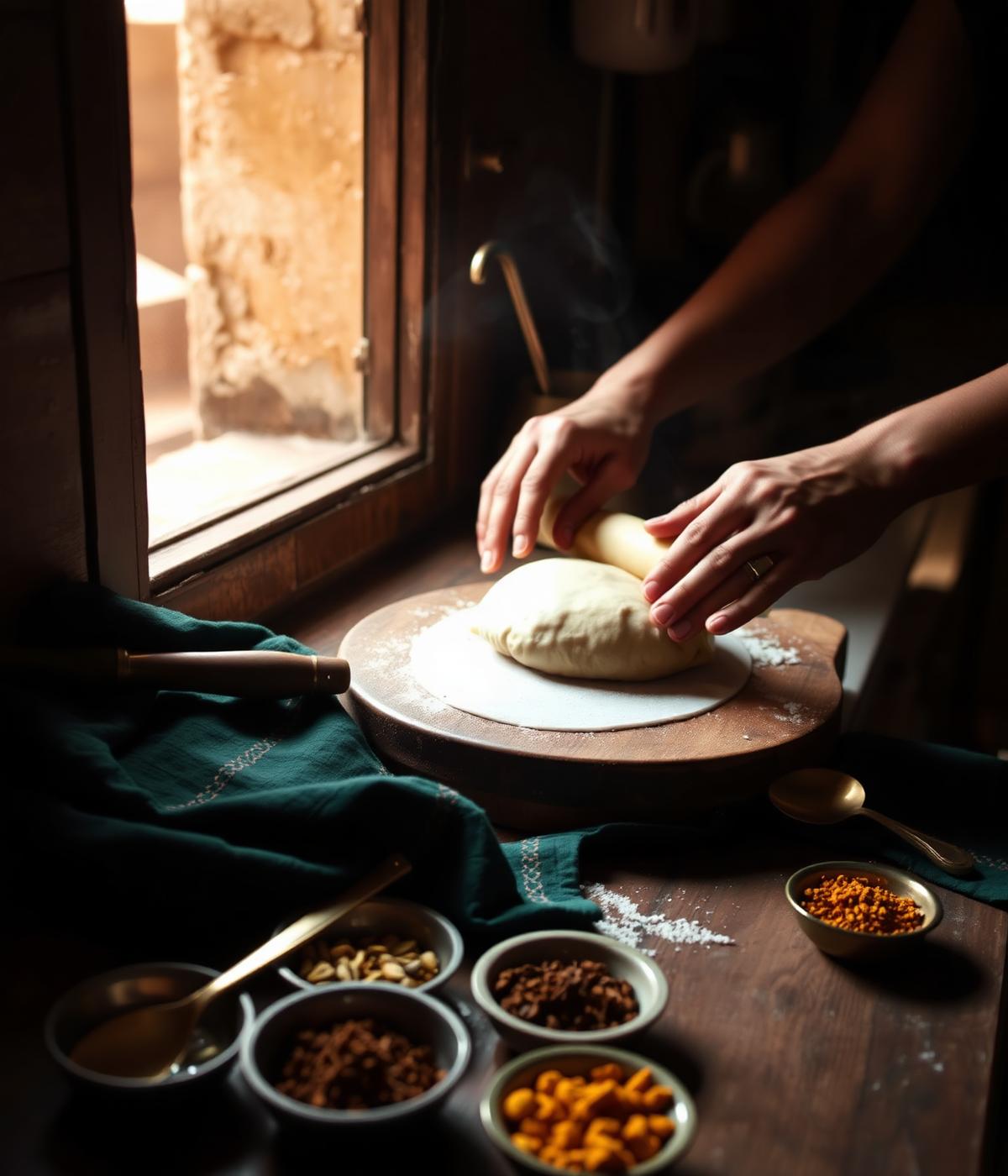 Hands preparing dough with spices in a warm traditional kitchen